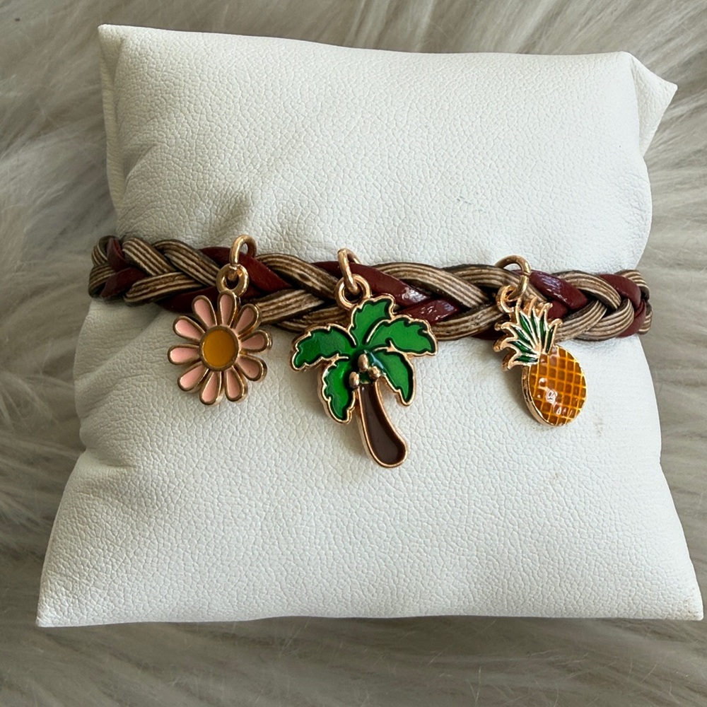 Bracelet Leather Braided 7" Rust Tan Tropical Charms Casual Everyday Gift Fun